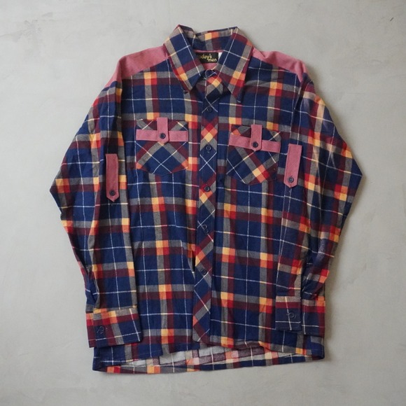 Today's Man Other - Vintage Todays Man Plaid Flannel Shirt L Mens 70s Blue Pink Corduroy USA Made